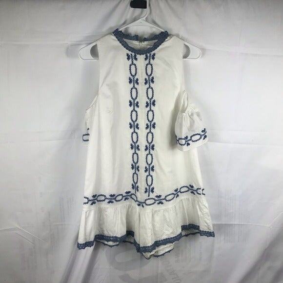 Foxiedox Anthropologie White Blue Embroidered Cold Shoulder Romper size small - Picture 5 of 5